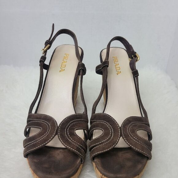 Prada Brown Suede Platform Slingback Cork Wedge Bamboo Sandals Shoes Size 7.5 - Picture 2 of 8